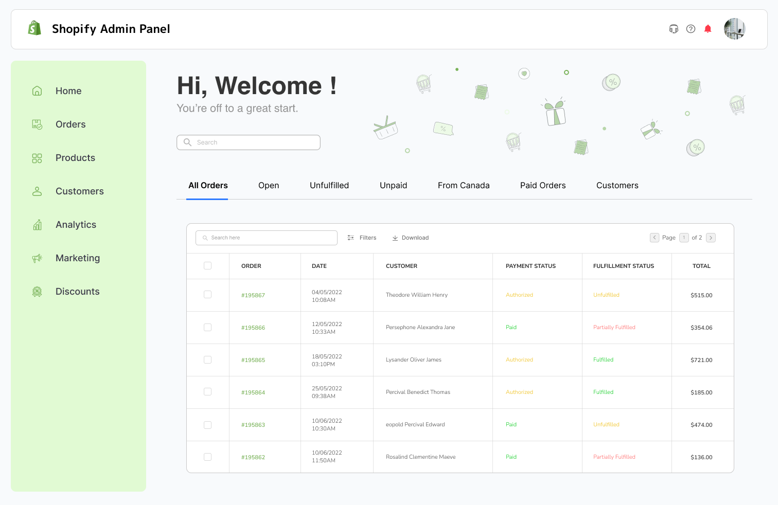 Shopify Admin Dashboard